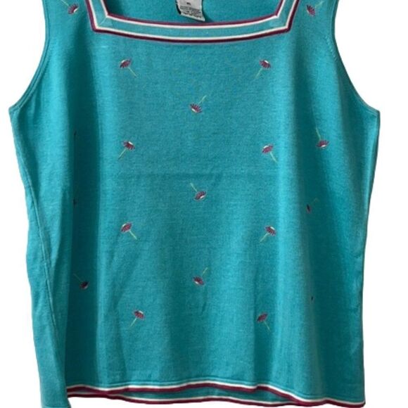 Quacker Factory Blue with Embroidered Pink Daisies Sleeveless Shell MUST BUNDLE - Picture 2 of 6